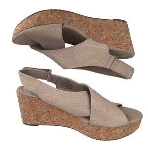 Clarks Womens Perforated Slingback Cork Wedge Sandal Taupe Beige 11W 11 Wide